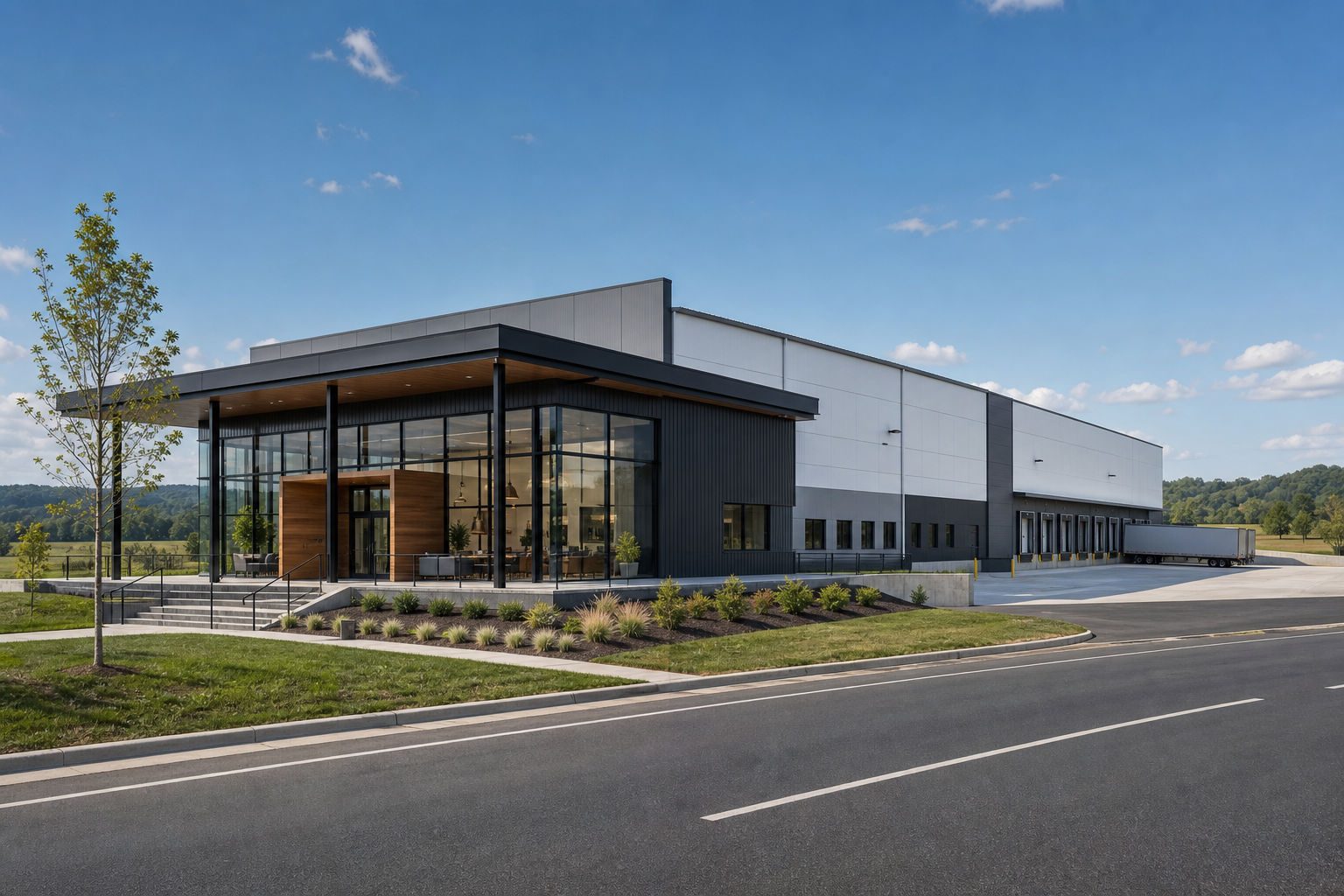 Architectural visualization of a proposed I-85 commercial facility