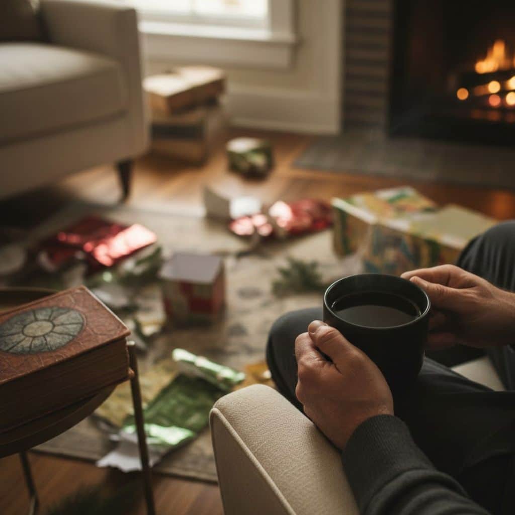 A first-person point-of-view shot of a man’s hands holding a matte black mug of coffee. He is seated in a cozy armchair, looking out over a living room floor scattered with colorful torn wrapping paper and holiday debris. In the background, a warm fire glows in the fireplace, and an old, leather-bound journal sits on a side table in the foreground, capturing a quiet, reflective moment of Christmas morning.