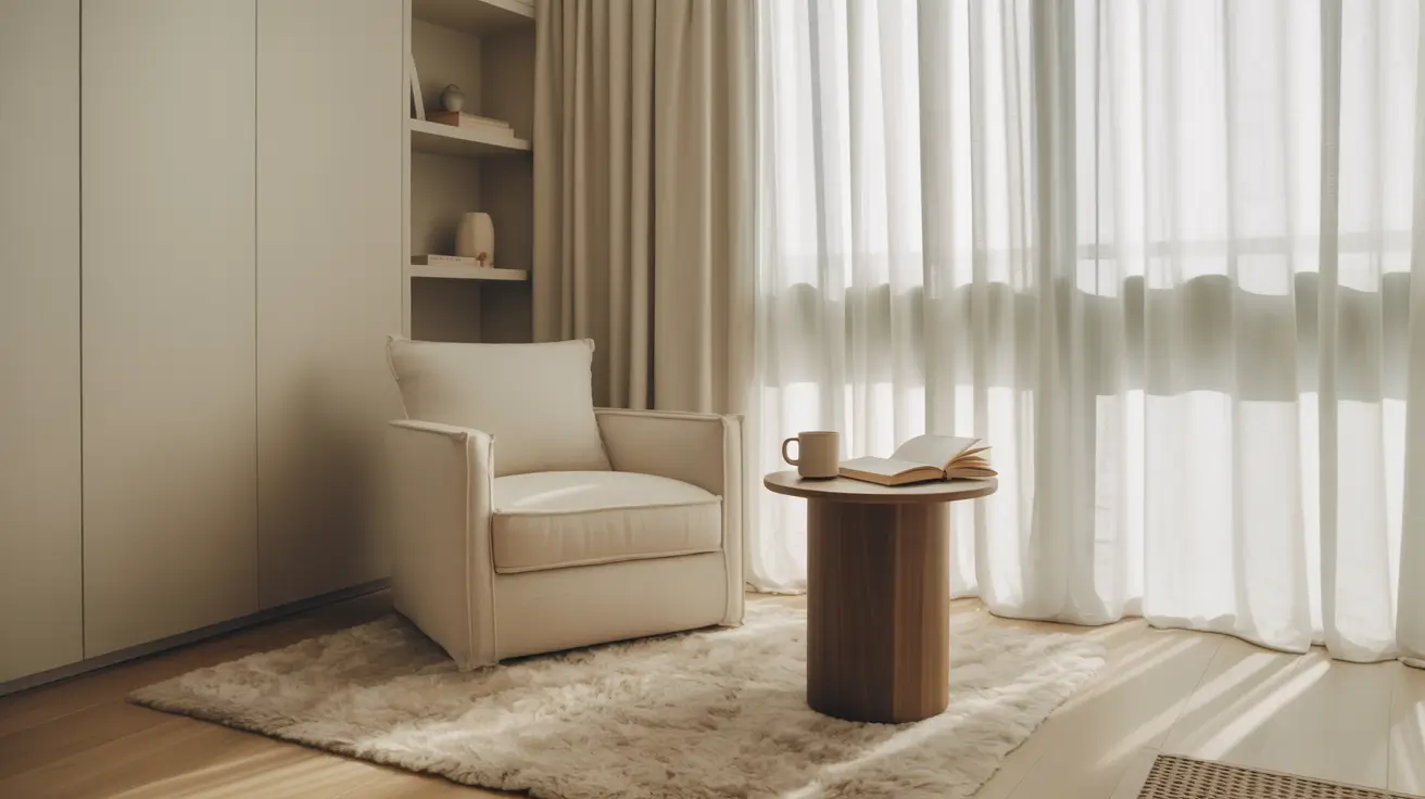 A serene, minimalist reading corner bathed in soft morning sunlight. A cream-colored upholstered armchair sits on a plush white faux-fur rug next to a large window with sheer white curtains. A small wooden pedestal side table holds a ceramic mug and an open book. In the background, built-in shelving and a clean white wardrobe complete the neutral, monochromatic aesthetic.